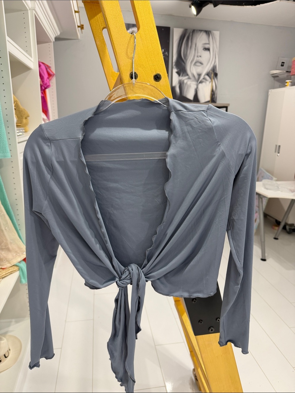 Amazon Slate Blue Tie-Front Long Sleeve Crop Top